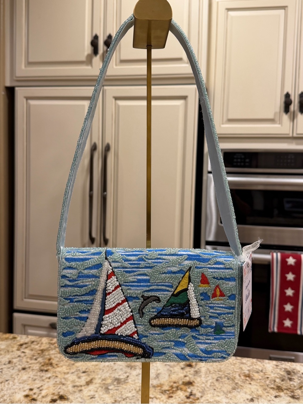 Beaded Sailboat Shoulder Bag in Light Blue